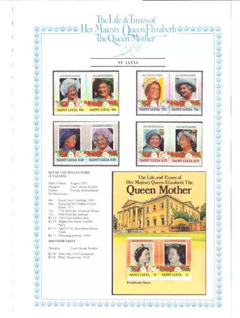 St Lucia - Set Of 8 Stamps On Card - Queen Mother - Format Int - 1985
