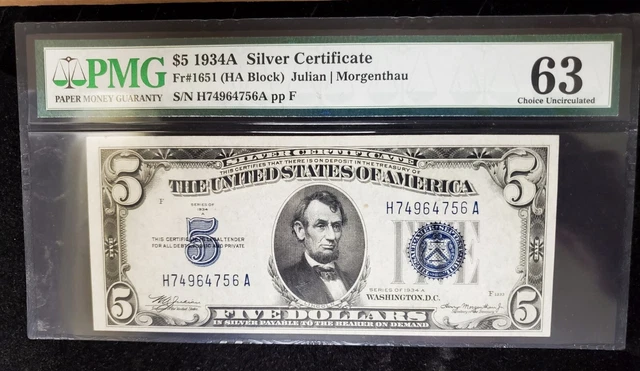 Fr. 1651 $5 1934A Silver Certificate HA Block PMG 63 Choice Uncirculated