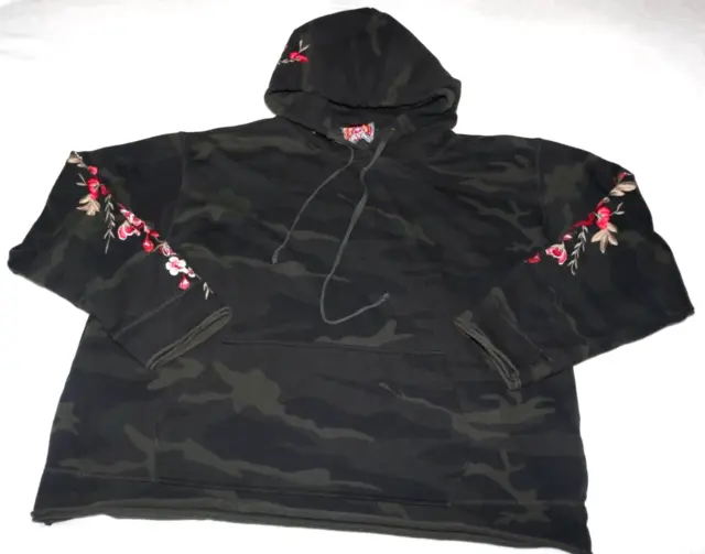 Johnny Was $255 CAMO Floral Embroidered Pullover Hoodie Raw Edge Sweatshirt XXL