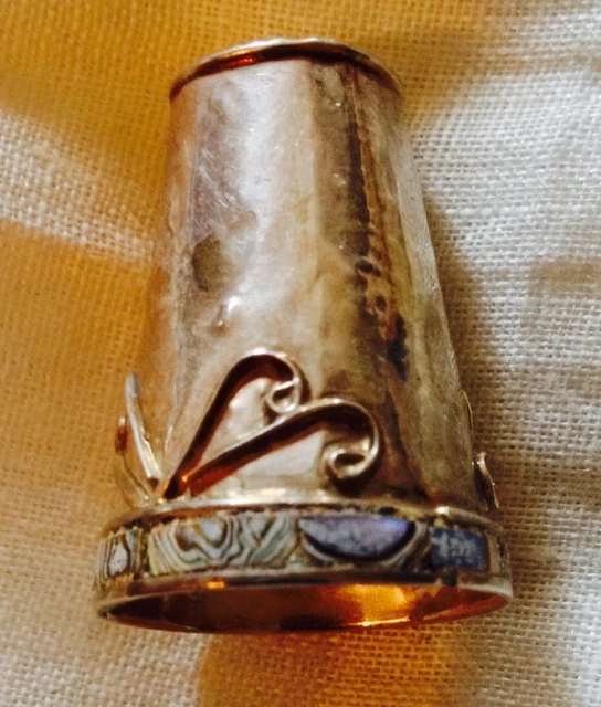 Antique Sterling Thimble Hand Hammered Mexico Silver Abalone Shell Band Rim#3