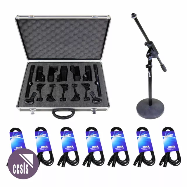 BravoPro DR771 7-Piece Drum Mic. Kit with Cables & BONUS Kick Drum Stand