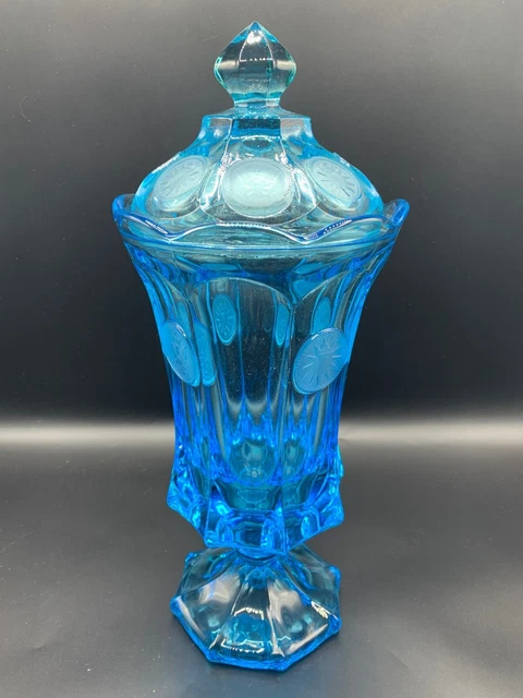 Vintage Fostoria  Glass Ice Blue  Coin Lidded  Urn- Apothecary Jar 13  1/4"