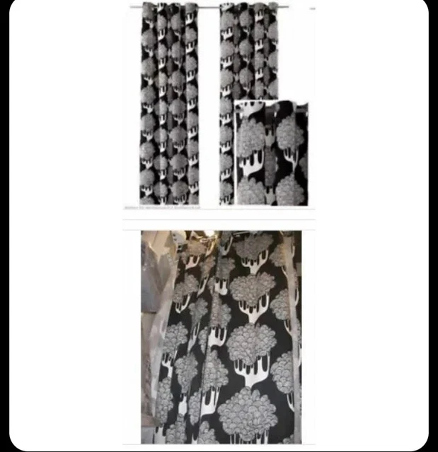 IKEA Kajsamia BLACK White Tree NEW Pair Curtain Panel Silver Grommet 2 Drape NIP