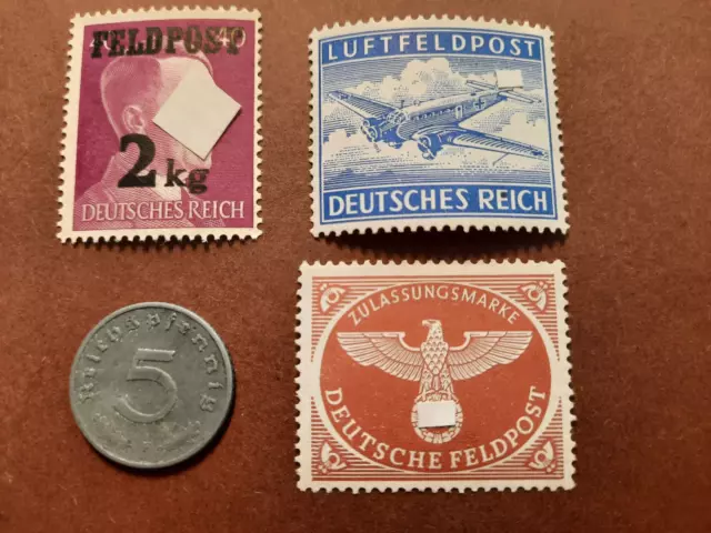 5 Reichspfennig 1941 und Briefmarken von 1942/44, postfrisch