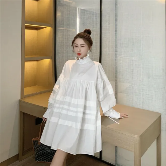 Girl Long Shirt Blouse Top Dress Puff Sleeve Lolita Vintage Loose Cute White