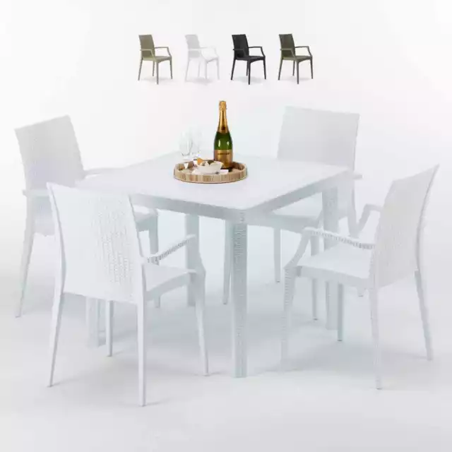 Table Carrée Blanche 90x90cm Avec 4 Chaises Colorées Grand Soleil Set Extérieur