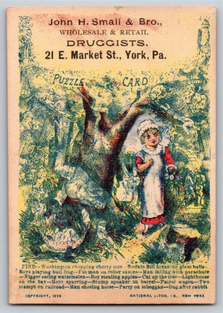 John H. Small & Bro. Druggists York, PA Victorian Trade Card Puzzle w/ Girl