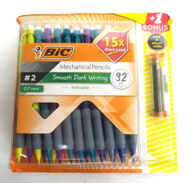 BIC Matic Grip Mechanical Pencil 32 Ct 0.7mm #2 Assorted Colors + Lead & Eraser