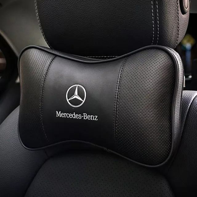 2PCS Car Seat Headrest Neck Cushion Pillows For Mercedes-Benz Black Real Leather