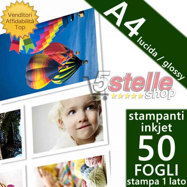 50 Fogli Carta Fotografica A4 Premium Foto Glossy Lucida Per Stampanti Inkjet