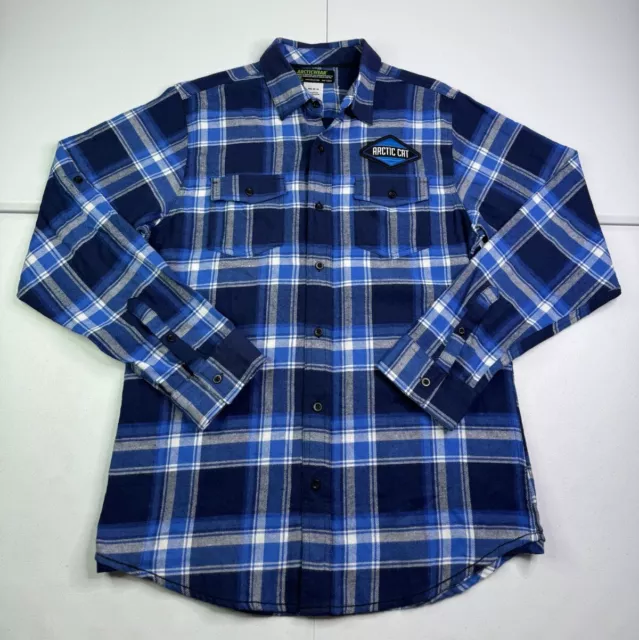 Arctic Cat Snowmobile Men Blue Plaid Flannel Button Up Shirt Embroidered Patch M