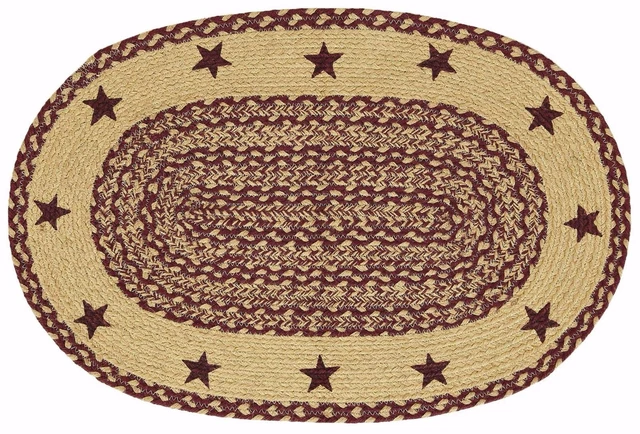 20" x 30" Burgundy & Tan Oval Braided Entryway Rug with Stars Country Farmhouse