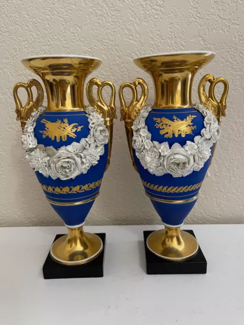 Antique French Empire Old Paris Porcelain Pair of Urns Vases Blue Gold Bisque