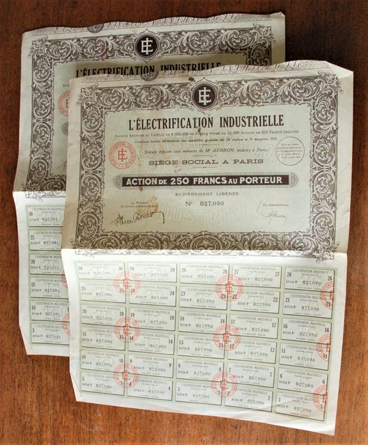 2 Share certs consec nos for 250 francs 1920: Electrification Industrielle + cou 2 Share certs consec nos for 250 francs 1920: Electrification Industrielle + cou