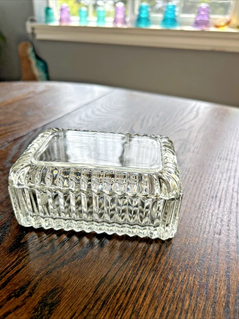 depression glass cigarette holder Trinket Box 1940s Box Clear Ribbed Art w/Lid 1930s Art Deco Fostoria Glass