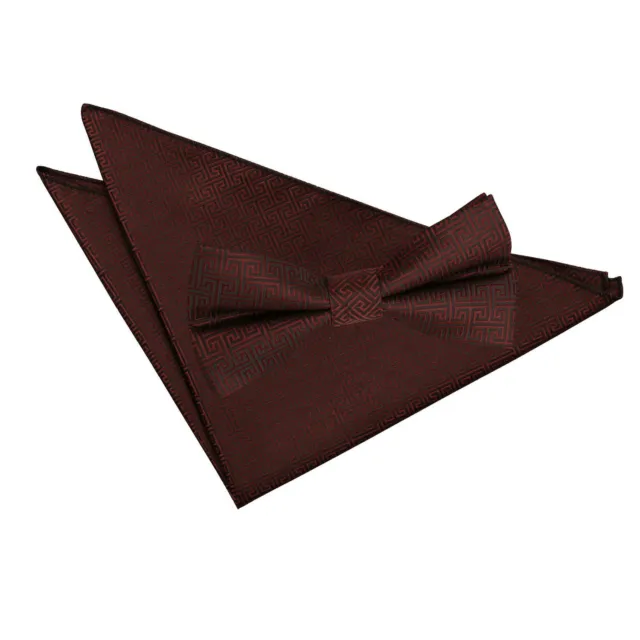 Cravatta con fiocco da uomo Borgogna Set Hanky Tessuto Chiave Greca Geometrica Cioccolato di DQT