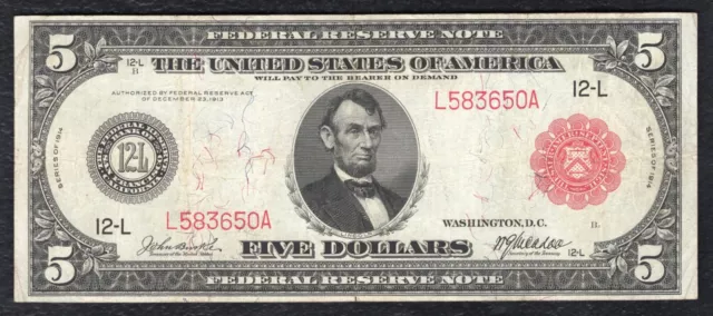 FR. 843b 1914 $5 RED SEAL FRN FEDERAL RESERVE NOTE SAN FRANCISCO, CA VERY FINE