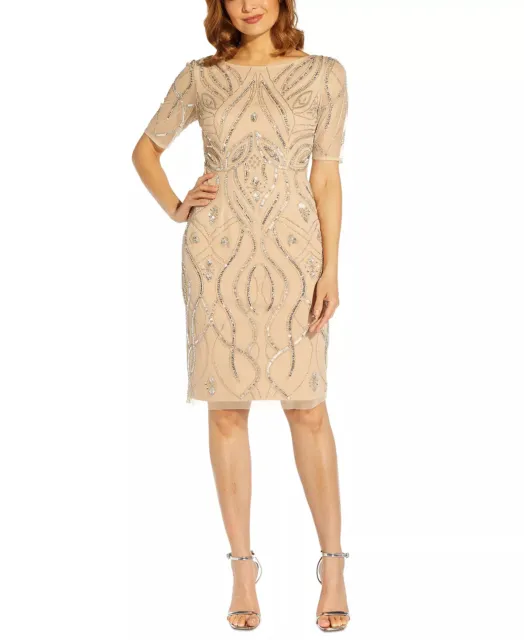 ADRIANNA PAPELL Beaded Sheath Dress Size 8 Silver Nude Cocktail NWT $249