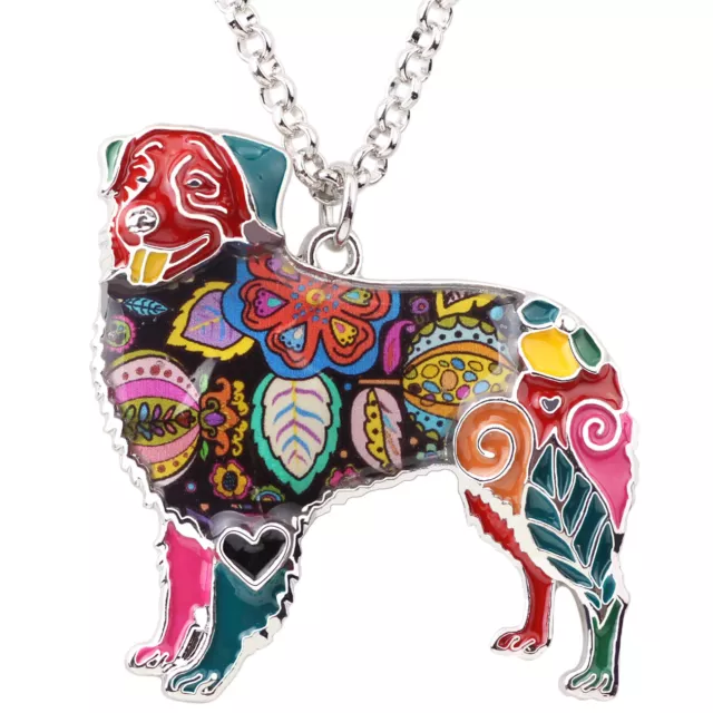 Enamel Alloy Floral Australian Shepherd Dog Necklace Pendant Pets Jewelry Gifts