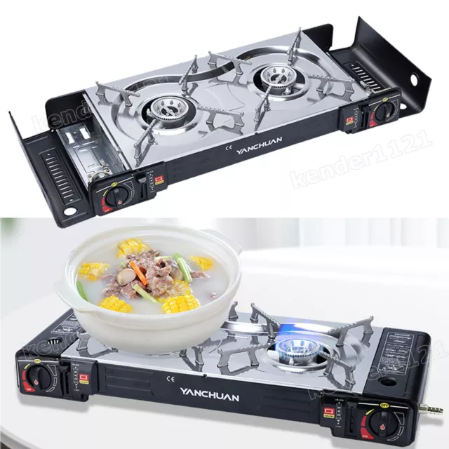 Portable Double Burner Gas Stove Camping Butane Cooker Barbecue Kitchen Outdoor