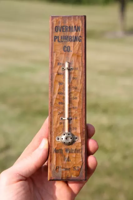 Vintage Overman Plumbing Wood Advertising Thermometer North Webster Indiana