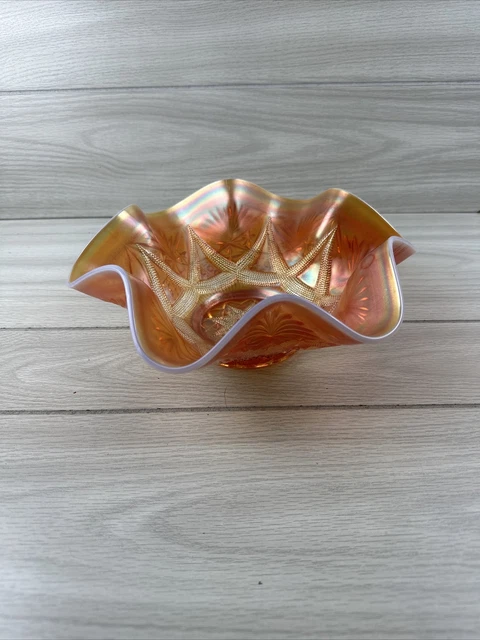 Dugan Peach Carnival Glass Bowl: Ski Star And Compass Pattern About 1910