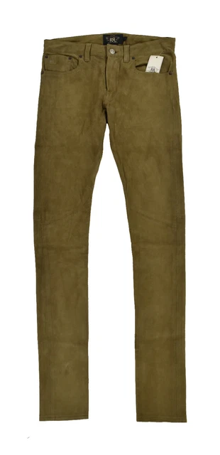 Donna Ralph Lauren RRL pelle Scamosciata Marrone Skinny Pantaloni Jeans Nuovo