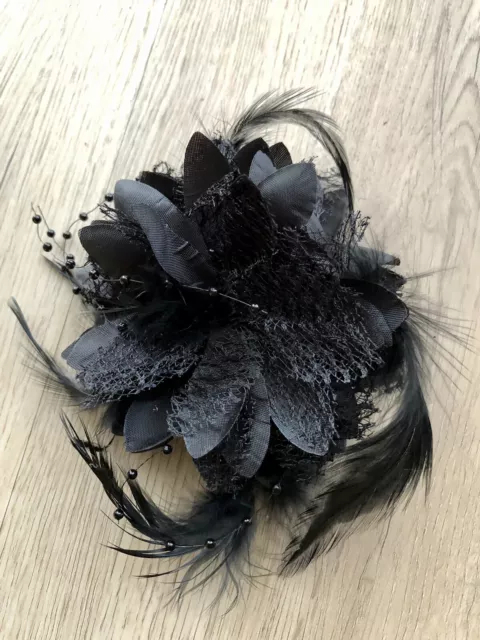 Black Flower Feather Mesh Fascinator Corsage Bead Hair Clip Hairband Bobble