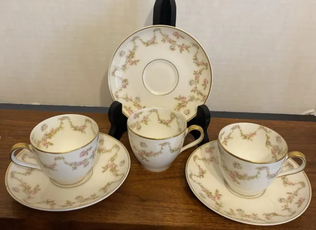 3 Theodore Haviland Limoges Cup & Saucer Sets H 164 Rose Swags EUC
