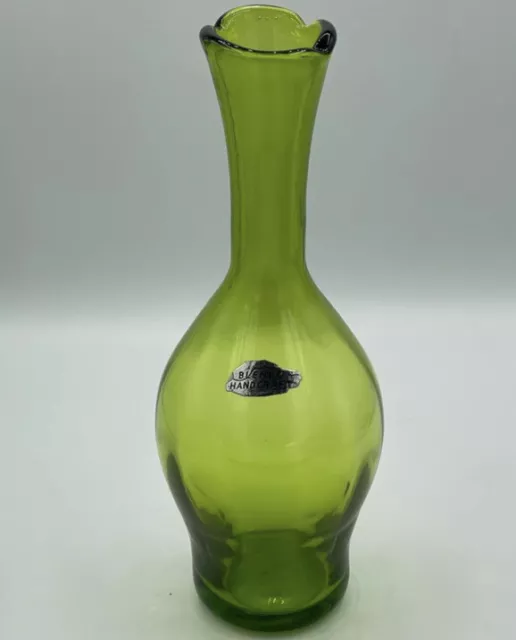 LARGE! Blenko 10" tall Green Hand Blown Glass Vase Original Sticker!