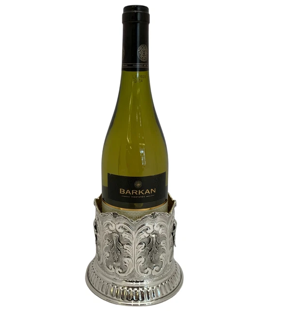 Fine 925 Sterling Silver Handmade Leaf Applique Chased Swirl Wine Bottle Holder
