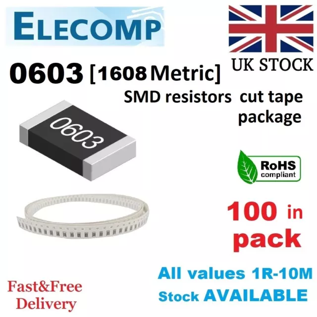 0603 SMD Resistors 1% 5% E24 Range 0 Ohm - 10M Ohm (100 Pack reel) Free postage