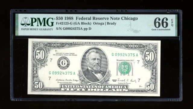 DBR 1988 $50 FRN Chicago Gem Fr. 2123-G PMG 66 EPQ Serial G09924375A