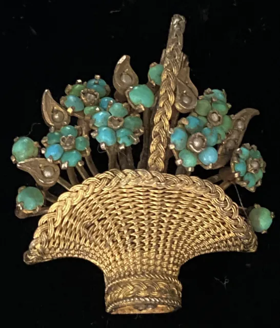 Antique French Silver Gilt Turquoise & Pearl Forget Me Not Flower Basket Brooch