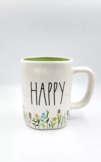 Rae Dunn HAPPY Flower Mug Artisan Collection Magenta  Green Inside NEW