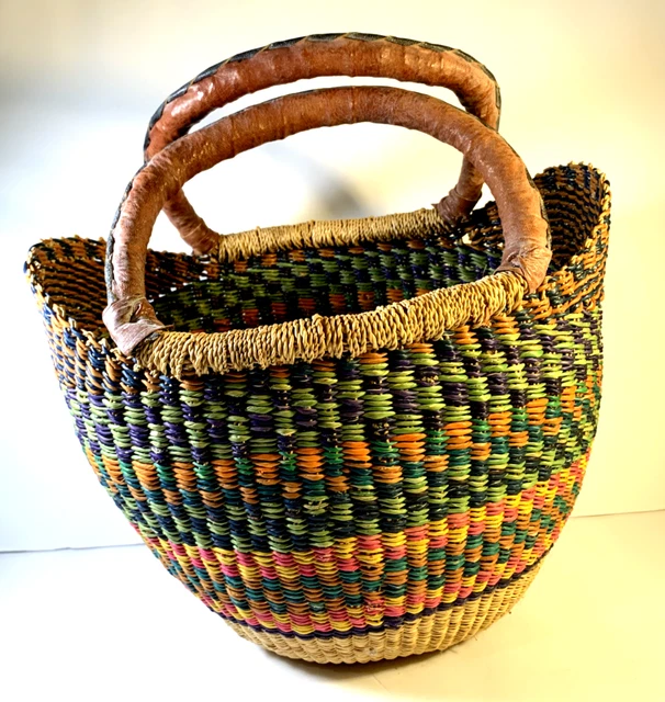 Handwoven African U Shaped Basket Tote with Double Leather Handles