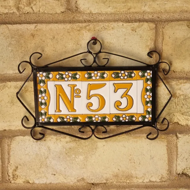 7.5 x 3.5cm Spanish Ceramic Yellow Floral Number Address Tiles & Metal Frames 2