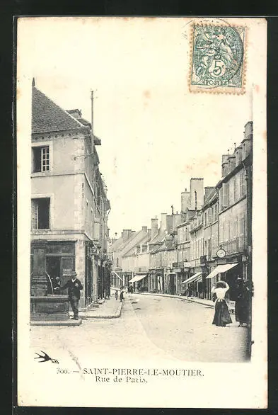 CPA Saint-Pierre-le-Moutier, Rue de Paris, Fontaine et Magasins 1904