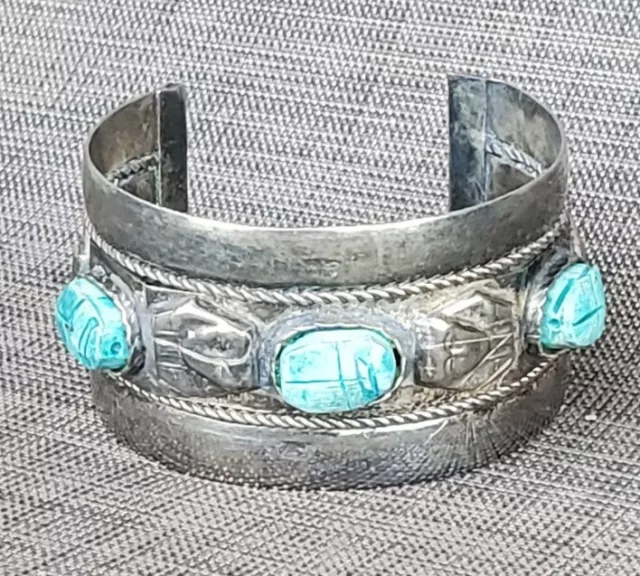 Vintage Egyptian Faience Turquoise Blue Scarab Large Pharaoh Cuff Bracelet