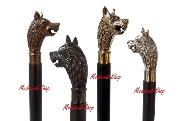 Canne de marche en bois faite main : poignée en forme de tête de loup