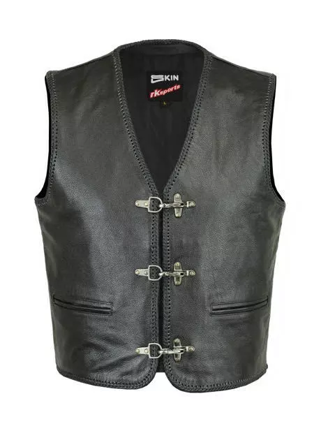 LACE MOTORCYCLE BIKER CLASP FULL LEATHER VEST WAISTCOAT BLACK MENS COWHIDEsplit