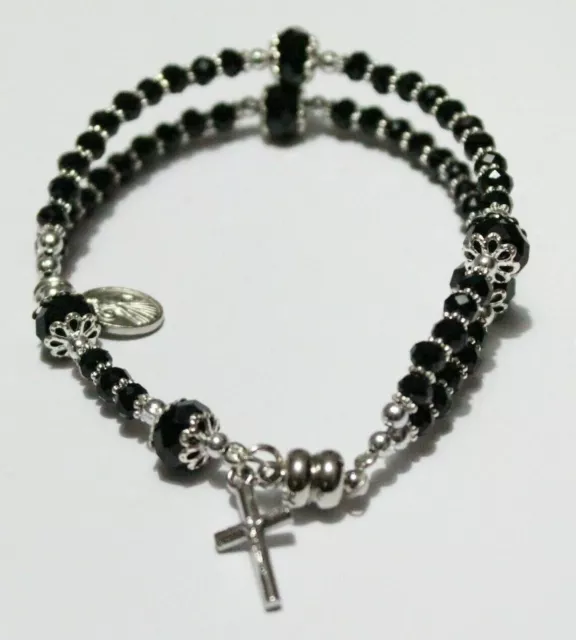 Magnetic Rosary Bracelet Black Crystal Glass Beads Jesus and Our Lady Medal