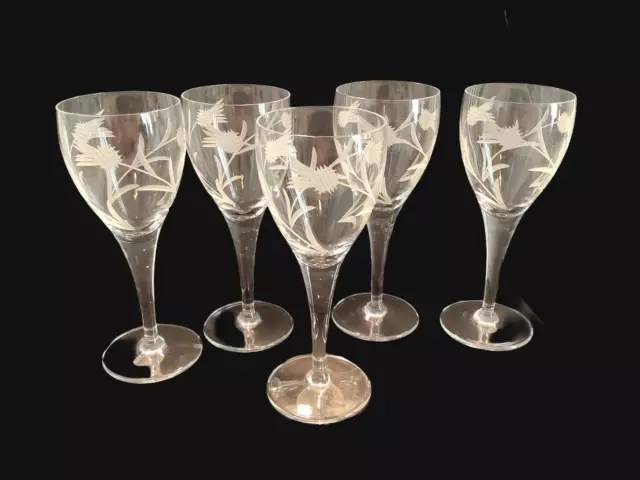 Set of 5 Vintage Etched Floral Stemmed Claret Wine Glasses Barware 7” tall
