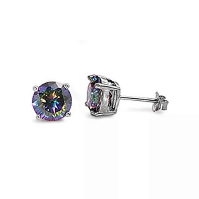 Women Sterling Silver Round Rainbow Simulated Mystic Topaz Cubic Stud Earrings