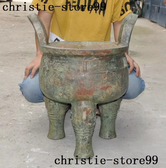 Huge Old Chinese Bronze Ware Inscription Text beast tripod Incense burner Censer