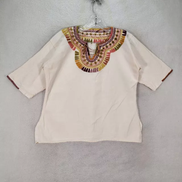 Unbranded Womens Top Size M Ivory Tribal Hand Embroidered Mexican Boho Blouse