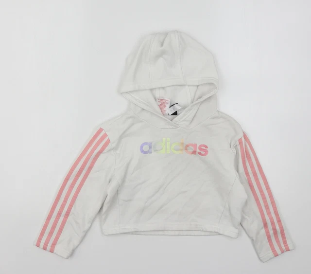 adidas Girls White Cotton Pullover Hoodie Size 6-7 Years - Cropped