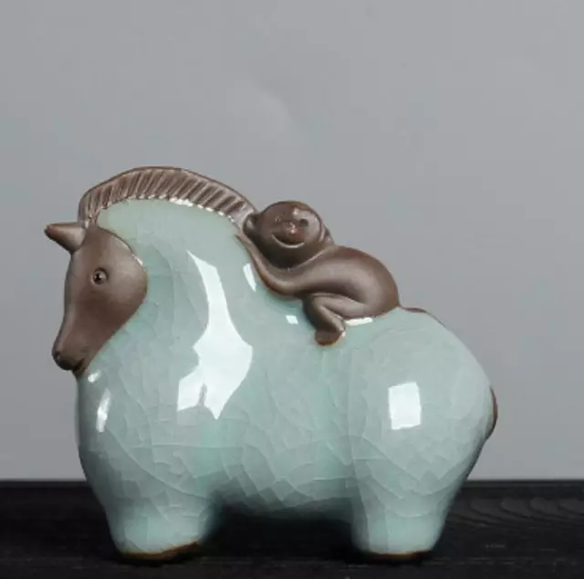 Chinese Celadon Porcelain Pottery Ge Kiln 12 Zodiac Horse Monkey Tea Pet Statue