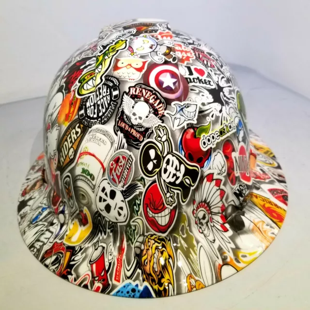 Hard Hat custom hydro dipped , OSHA approved FULL BRIM, WILD STICKER BOMB NEW