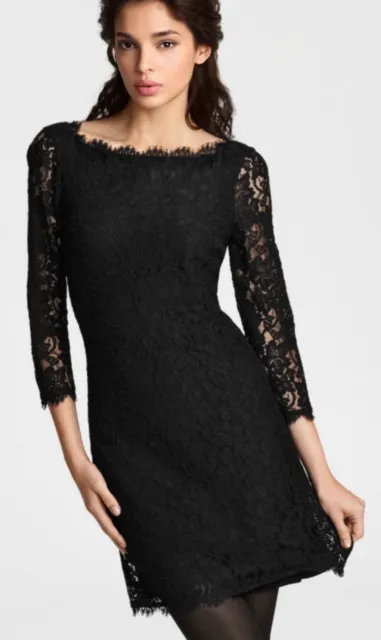 🖤 DIANE von FURSTENBERG DVF Black Lace Zarita Sheer 3/4 Sleeve Mini Dress 2 US
